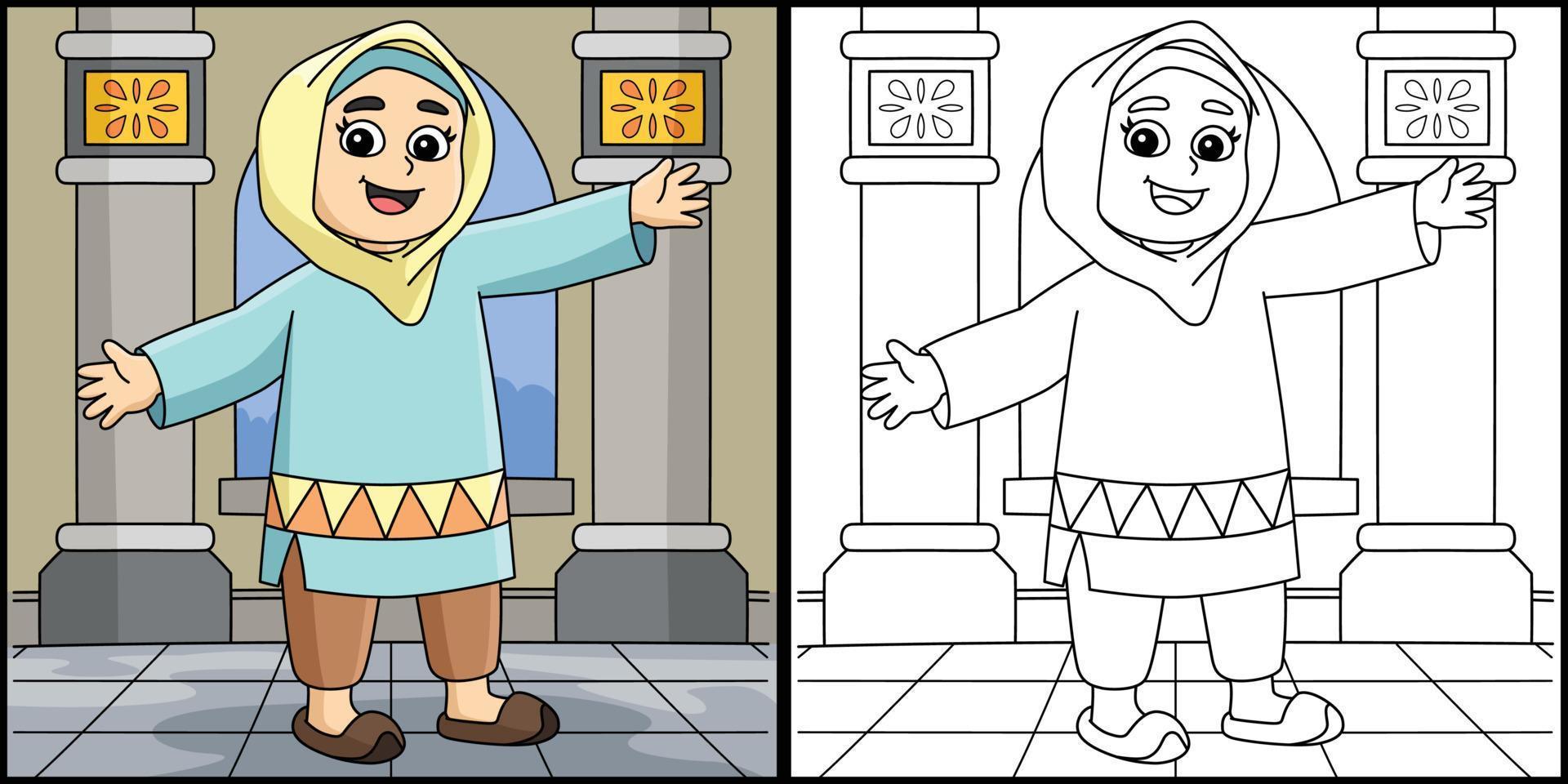 Ramadã muçulmano menina coloração página ilustração vetor