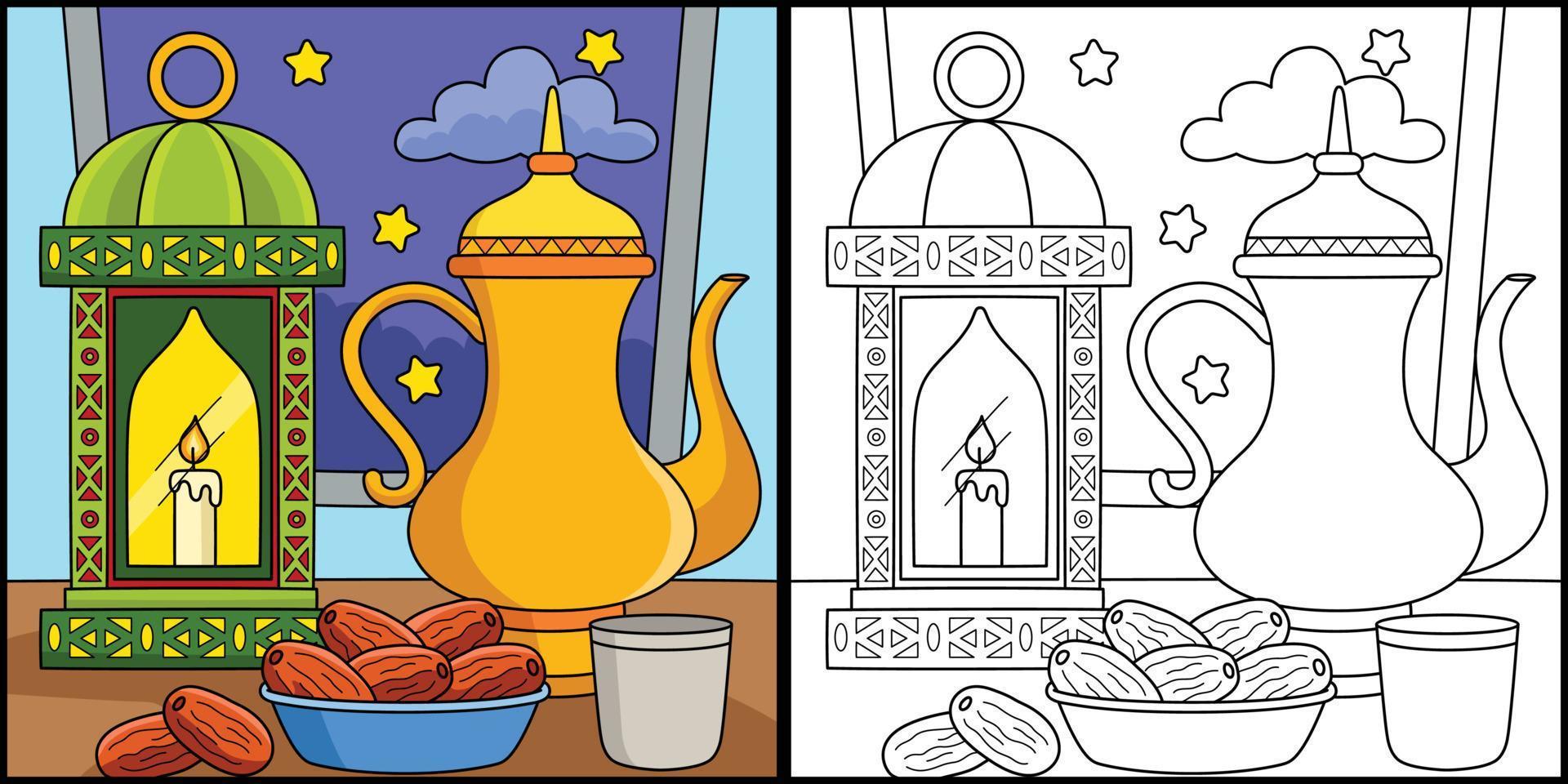 Ramadã lanterna, chá e datas ilustração vetor