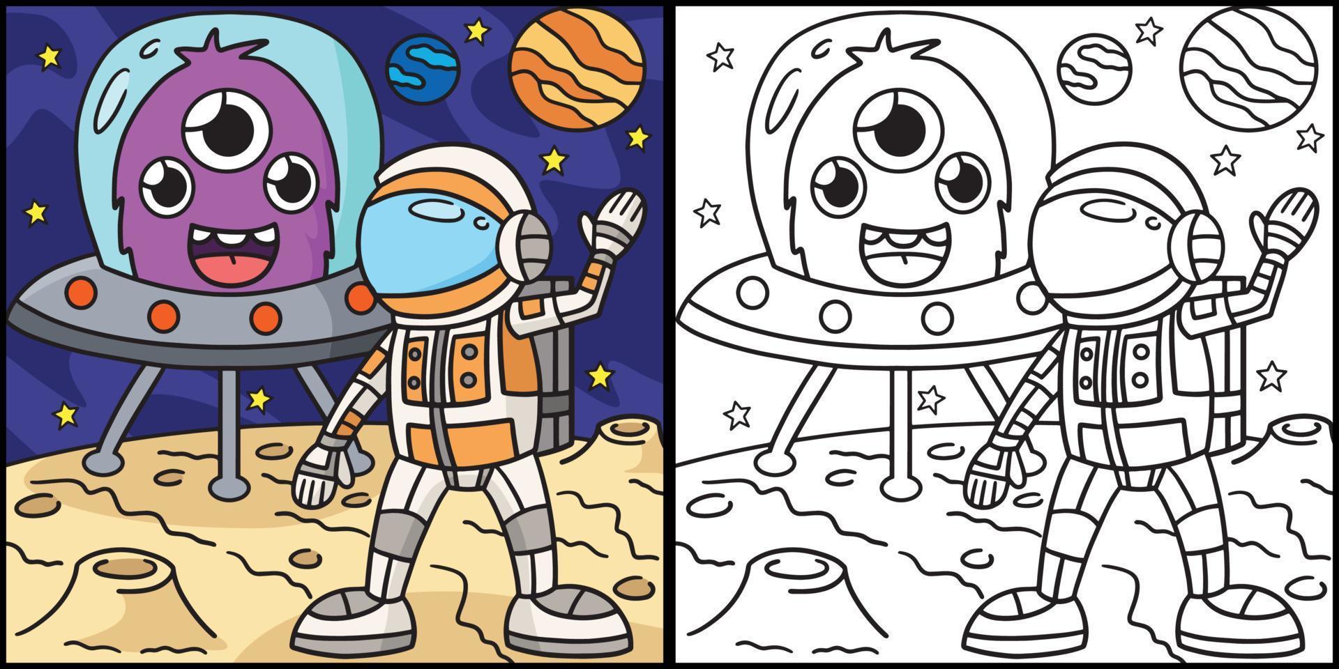 astronauta e UFO coloração página ilustração vetor