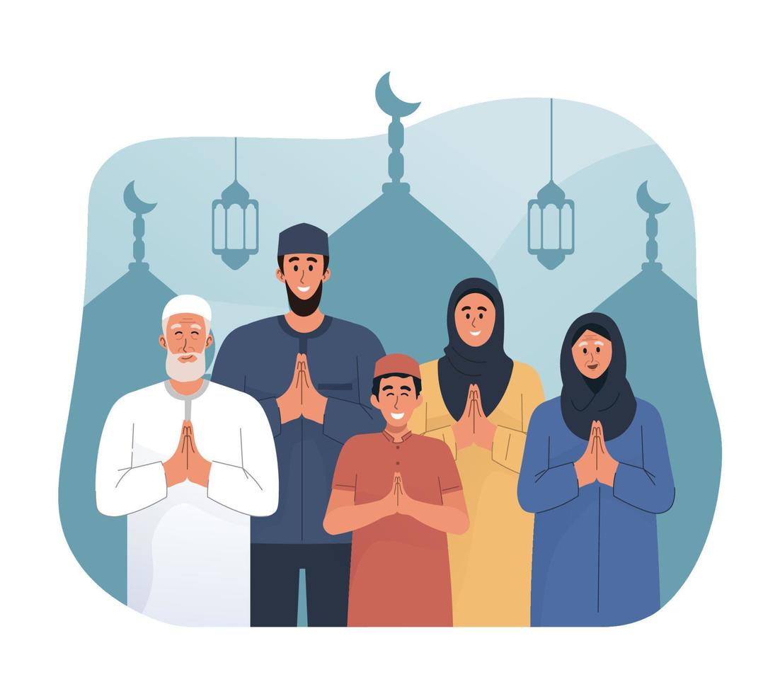 feliz família cumprimento e a comemorar eid mubarak. eid al-fitr plano desenho animado personagem ilustração vetor