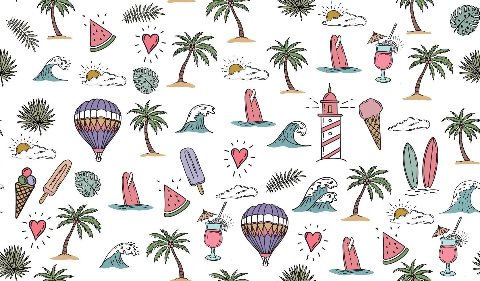 conjunto de ícones de verão, ilustração desenhada à mão. vetor