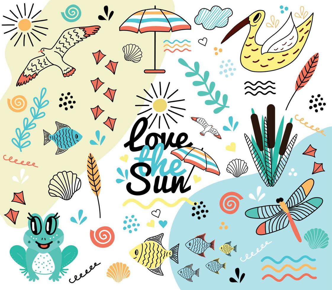 ilustração do Eu amor a Sol. imagem sapo, libélula, gaivota, peixe, sol, guarda-chuva, nuvem, folhas, berbigão, cana, rio, rabisco vetor