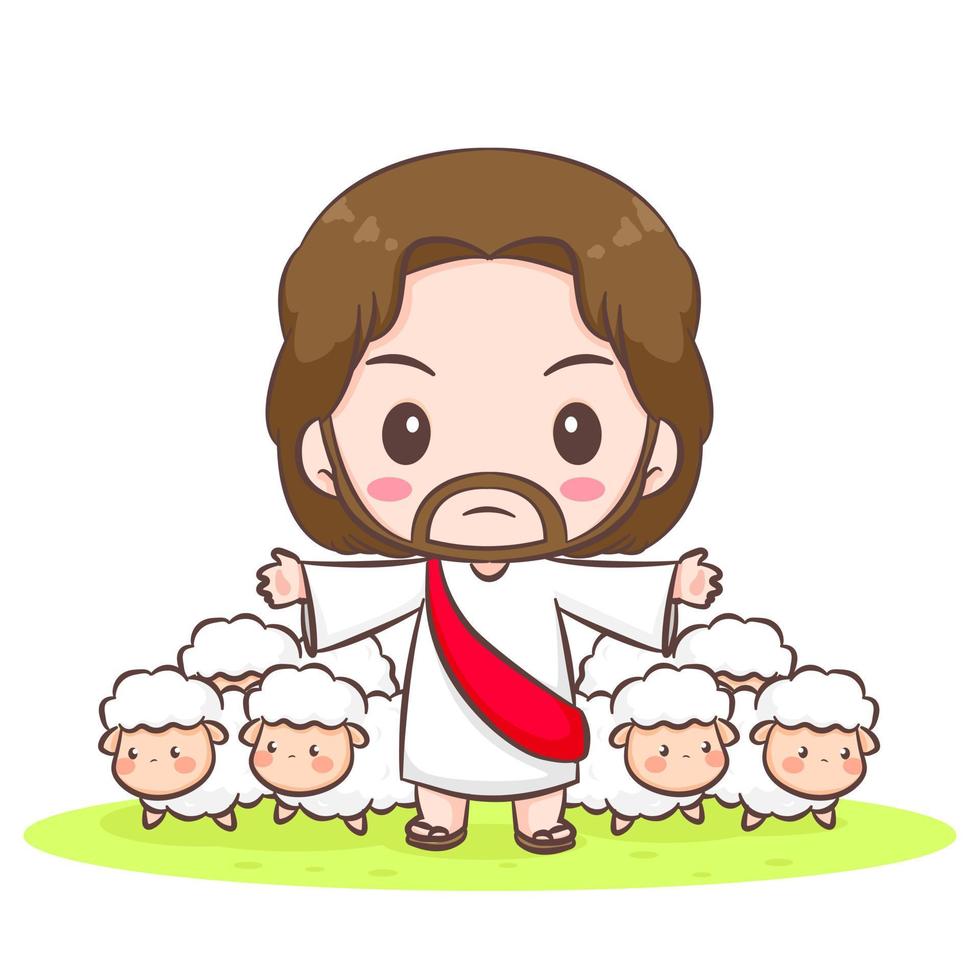 fofa Jesus Cristo desenho animado proteger a ovelha mão desenhado chibi personagem isolado branco fundo. cristão Bíblia para crianças. mascote logotipo ícone vetor arte ilustração