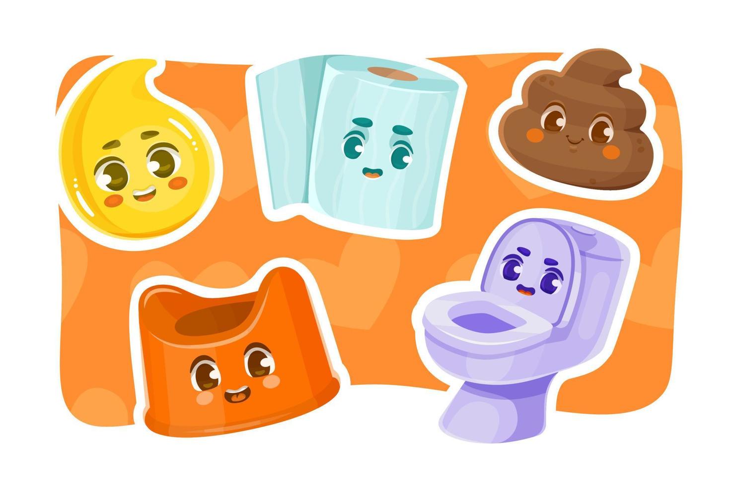 conjunto do fofa crianças personagens com urina, cocô, banheiro papel, banheiro e bebê penico. vetor