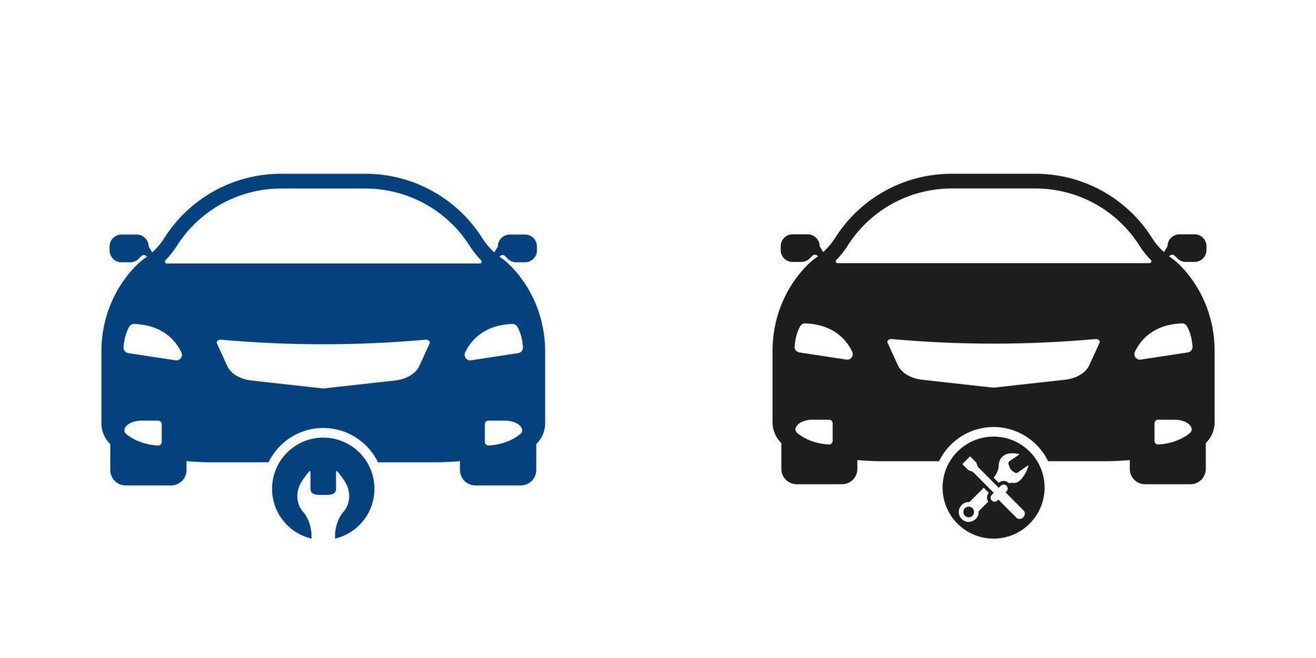 carro consertar serviço silhueta ícone definir. veículo transporte tecnologia assistência pictograma. auto mecânico manutenção sólido símbolo coleção em branco fundo. isolado vetor ilustração.