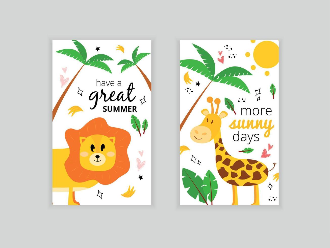 conjunto do cartões com uma leão e uma girafa. ilustração com uma leão, Palma folha, bananas e a inscrição Boa verão. cumprimento cartão Mais ensolarado dias com uma girafa. vetor