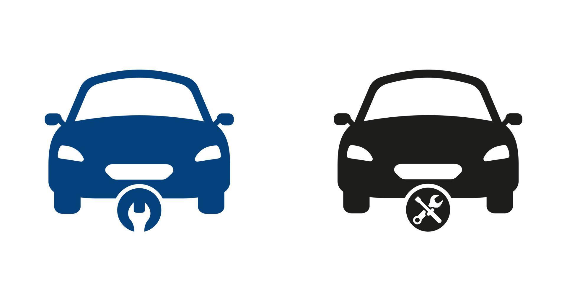 carro consertar serviço silhueta ícone definir. veículo transporte tecnologia assistência pictograma. auto mecânico manutenção sólido símbolo coleção em branco fundo. isolado vetor ilustração.