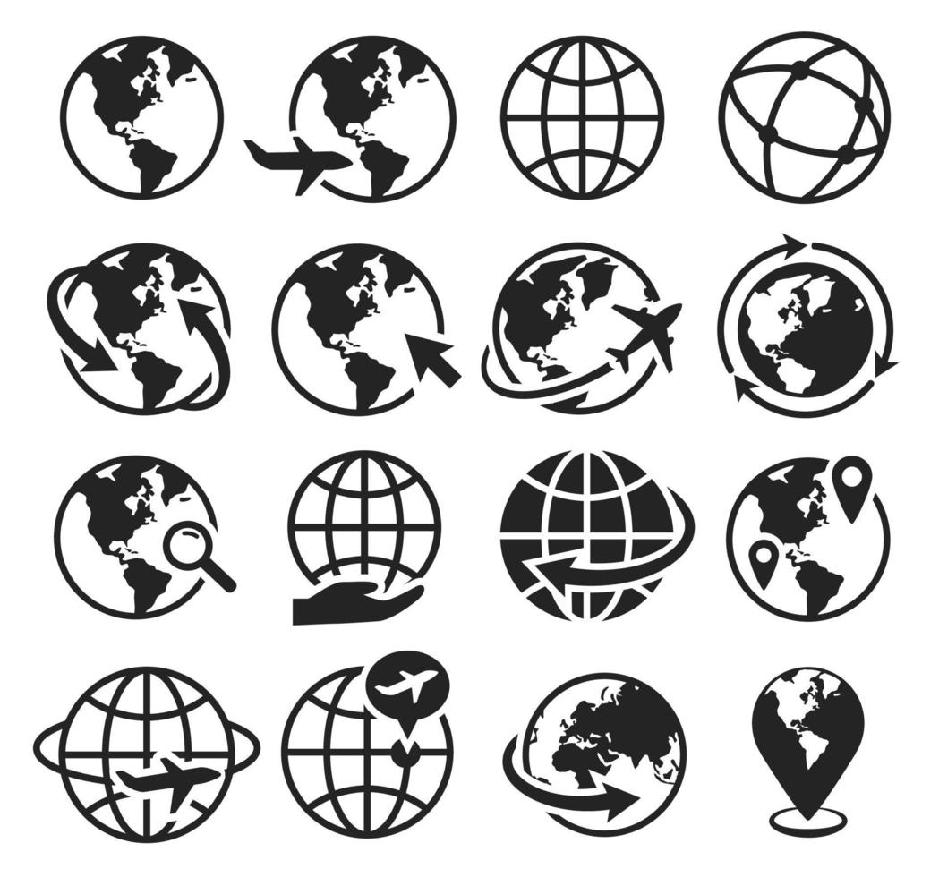 terra ícones. internacional comunicação, Internet, ir para rede, no mundo todo viajando de avião. globo mundo geografia símbolo silhueta vetor conjunto