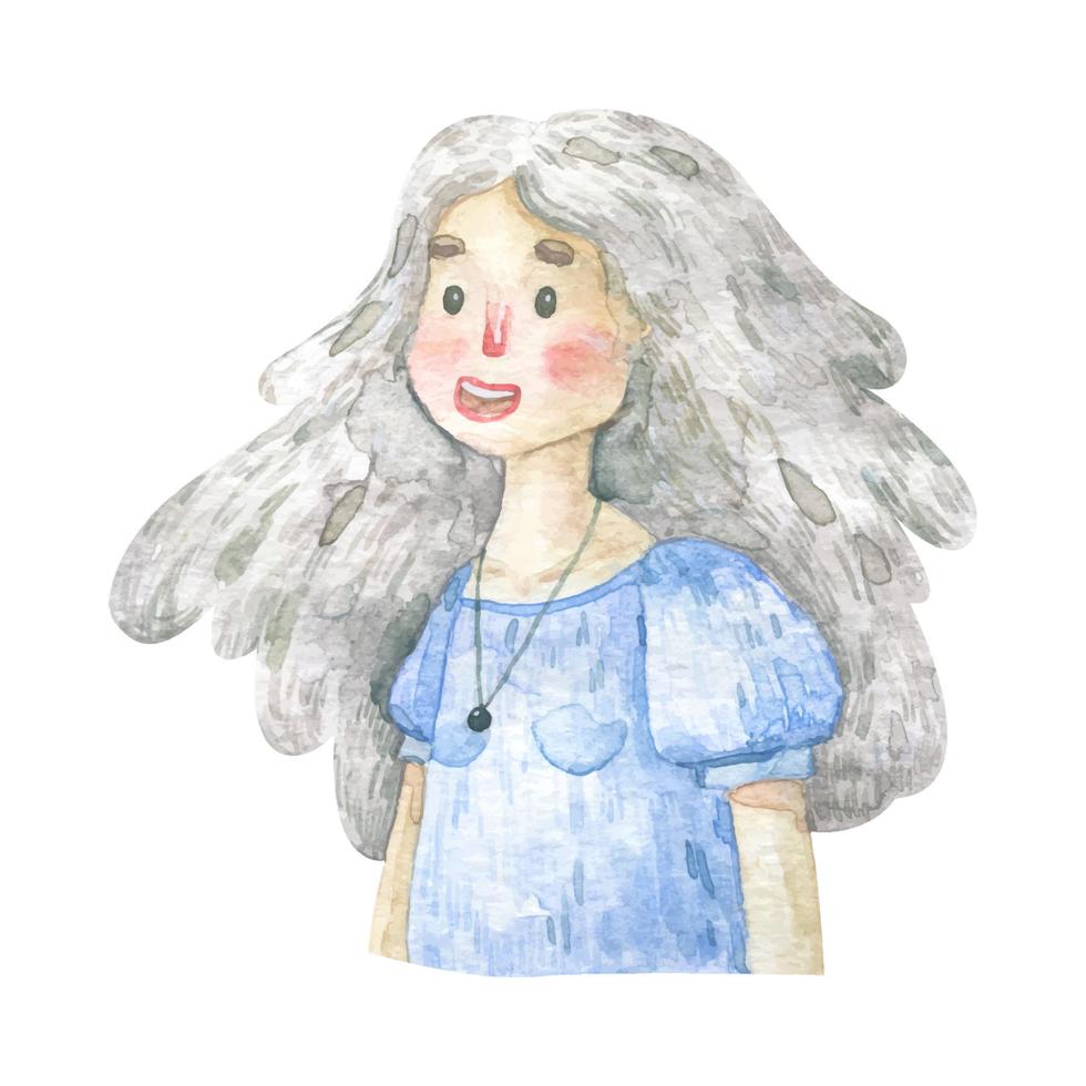 fofa fêmea retrato, uma menina com grandes cabelo sorrisos, aguarela ilustração vetor