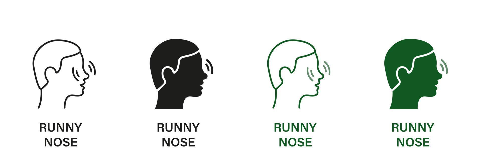 inflamação, dor símbolo coleção. rinite, alergia, nasal muco pictograma. escorrendo nariz linha e silhueta ícone definir. nariz dor, coceira, ícones para médico poster. isolado vetor ilustração.