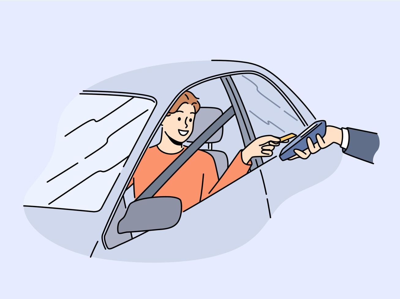 sorridente homem sentar às carro pagar com crédito cartão em automático leitor. feliz masculino motorista usar carro para Forma de pagamento em máquina ou terminal. sem contato pagamento. vetor ilustração.