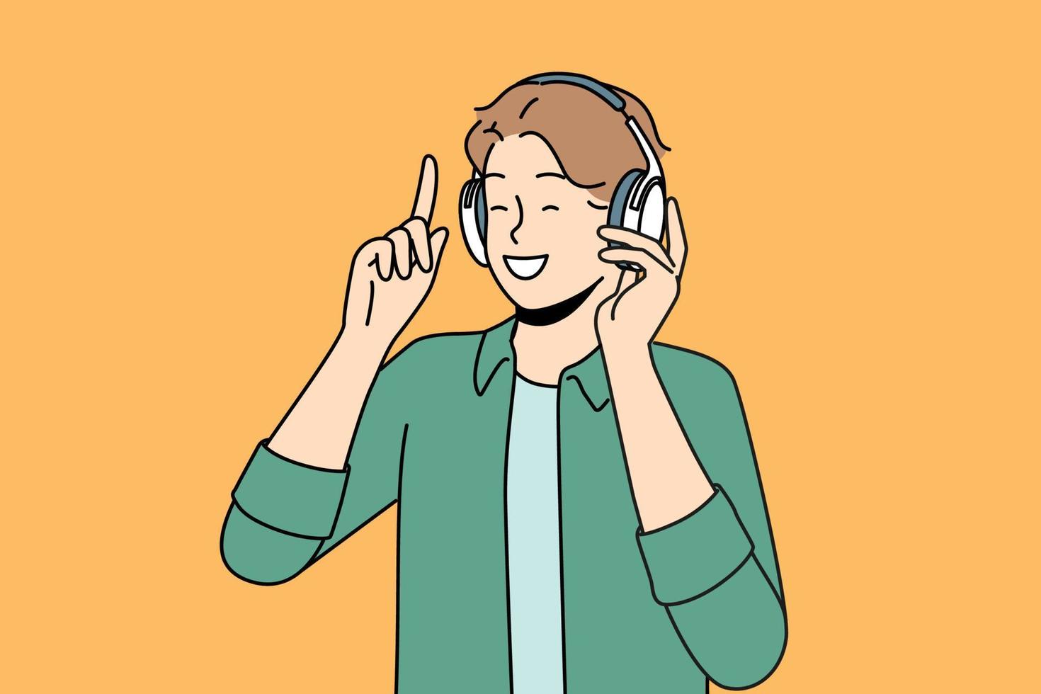 muito feliz homem dentro sem fio fones de ouvido ouço para música. sorridente cara dentro fones de ouvido ter Diversão desfrutando Boa qualidade som. vetor ilustração.