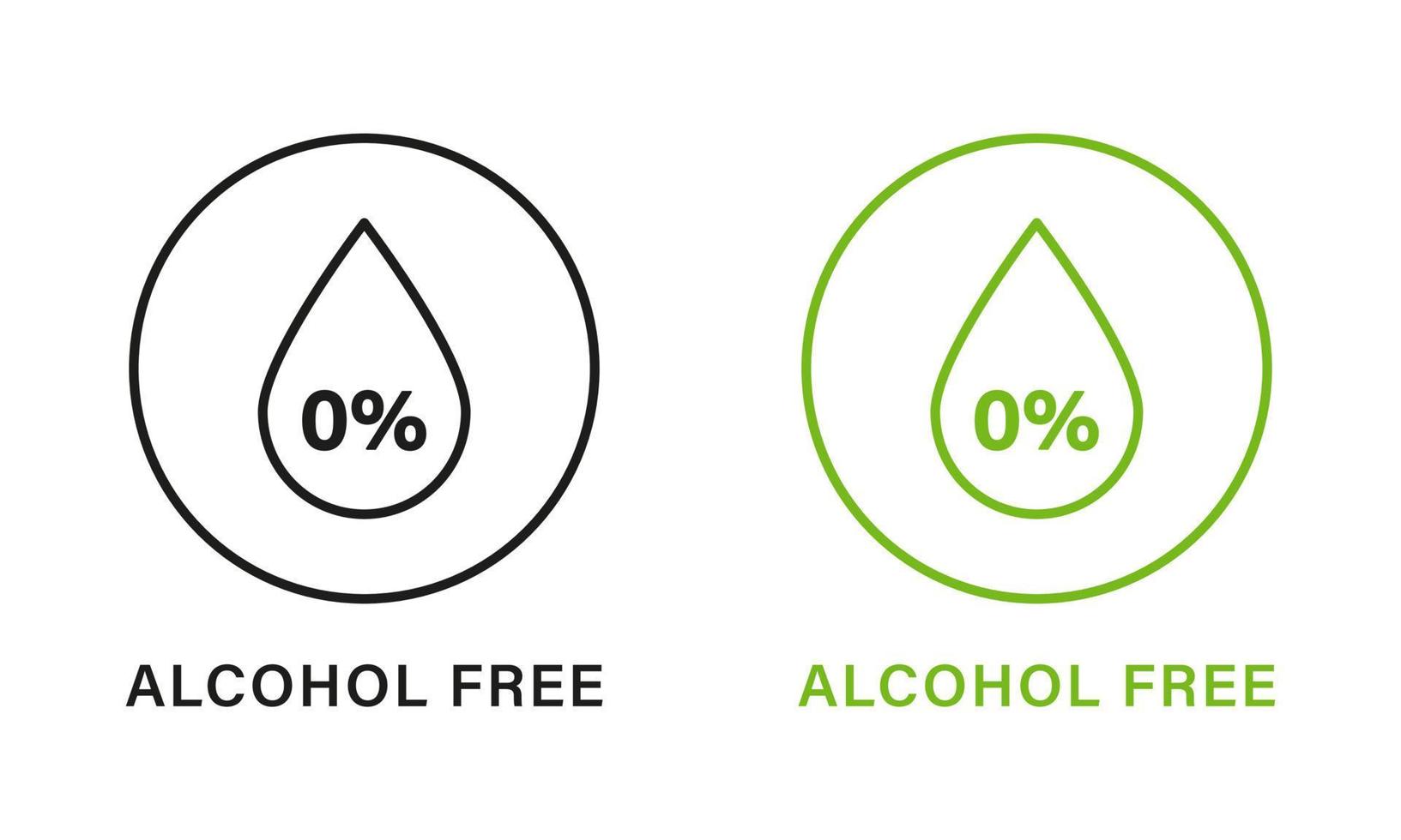 álcool livre produtos linha verde e Preto ícones definir. derrubar, gotícula dentro volta esboço adesivo do não alcoólico. não álcool placa. não conter álcool dentro natural Cosmético. isolado vetor ilustração.