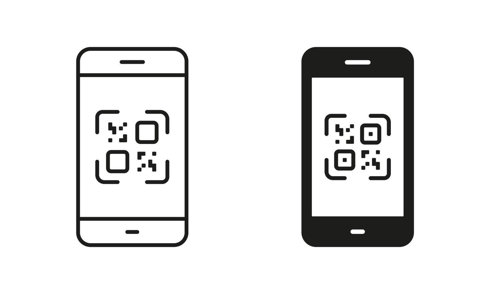 digitalize o código qr na linha do smartphone e conjunto de ícones de silhueta. scanner de pagamento no pictograma do telefone móvel. aplicativo de código de barras quadrado para coleção de símbolo de pagamento em fundo branco. ilustração vetorial isolada. vetor