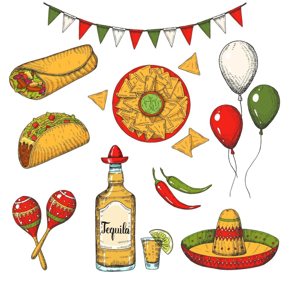 conjunto colorido de vetor cinco de mayo. símbolos desenhados à mão - pimenta, maracas, sombrero, nachos, tacos, burritos, tequila, balões, guirlanda de bandeira isolada no branco. esboço. comida mexicana e objetos