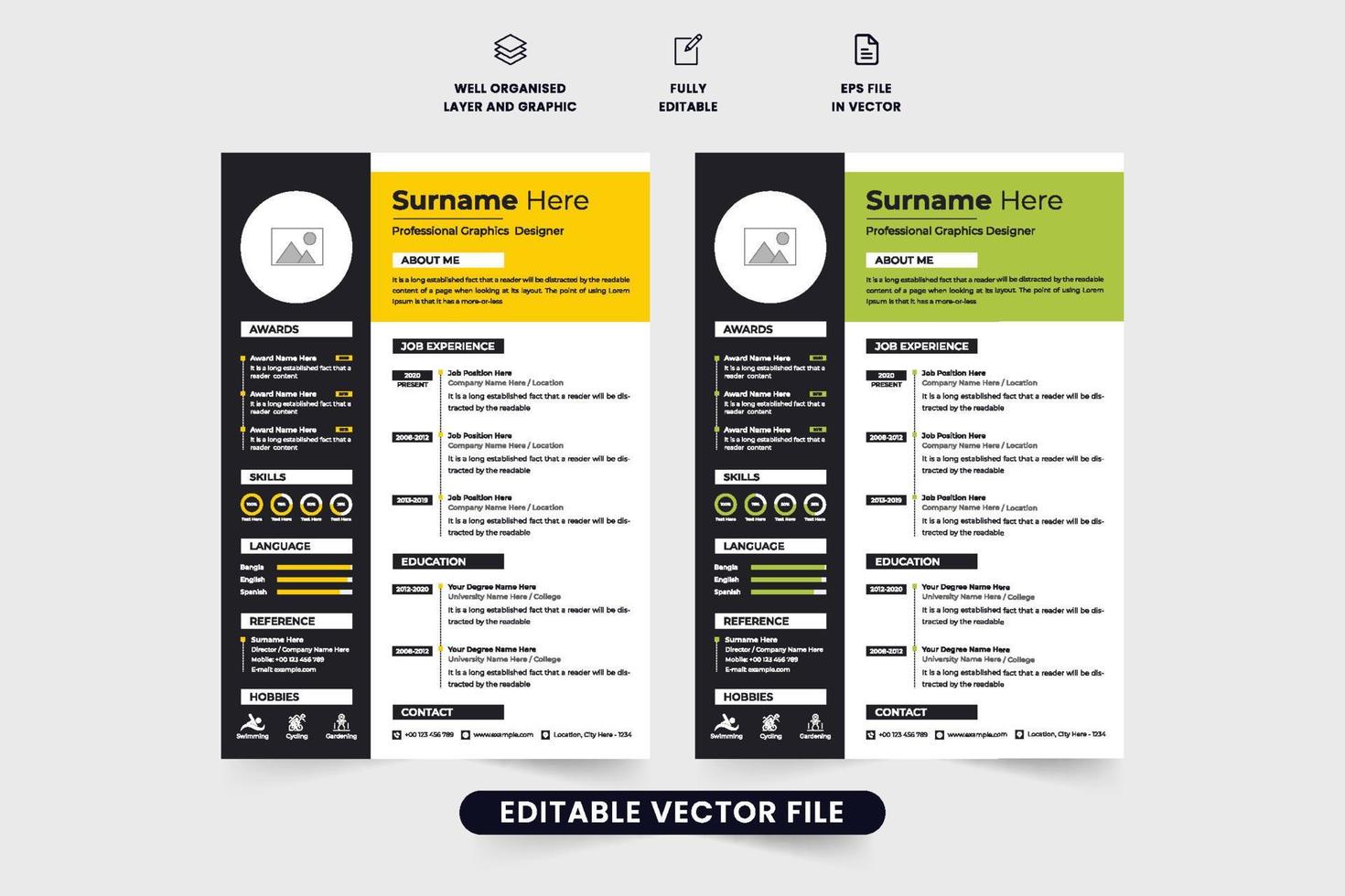 profissional currículo modelo vetor com foto espaços reservados. moderno companhia cv e currículo disposição Projeto com amarelo e verde cores. escritório estagiário trabalho inscrição e currículo modelo vetor.