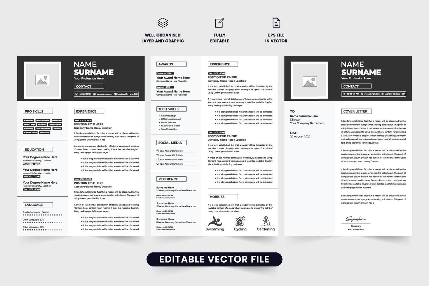 simples cv e cobrir carta modelo vetor com foto espaços reservados. corporativo currículo e trabalho inscrição modelo vetor com Sombrio cor. escritório emprego cv e currículo disposição Projeto para negócios.