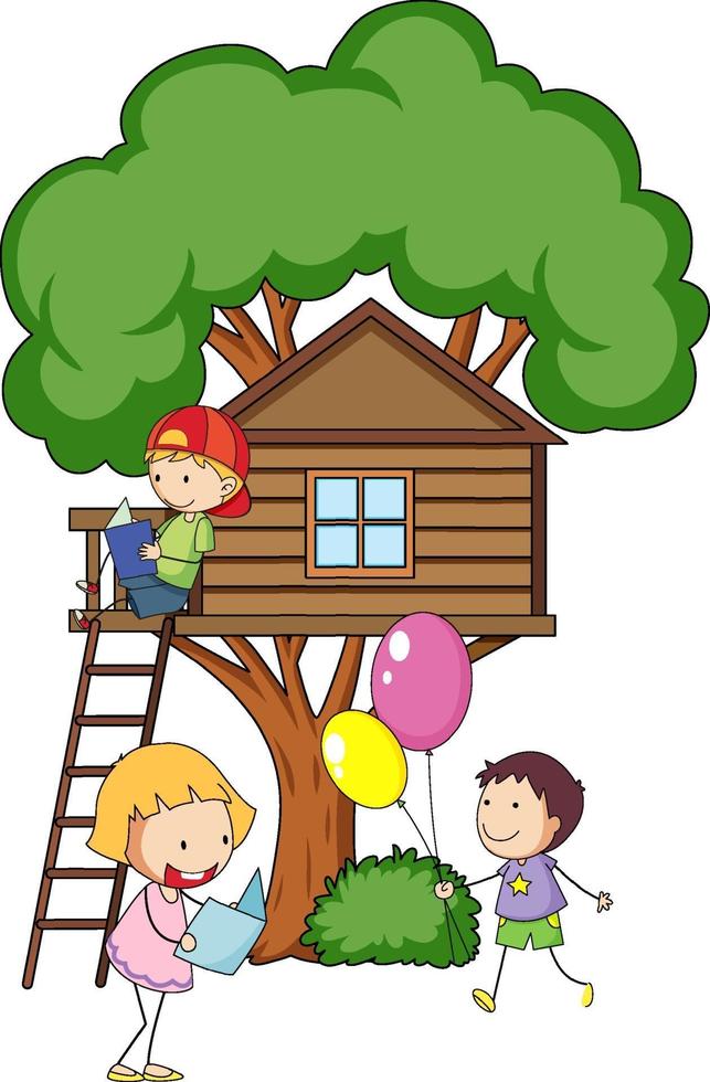 casa na árvore com muitas crianças fazendo atividades diferentes vetor