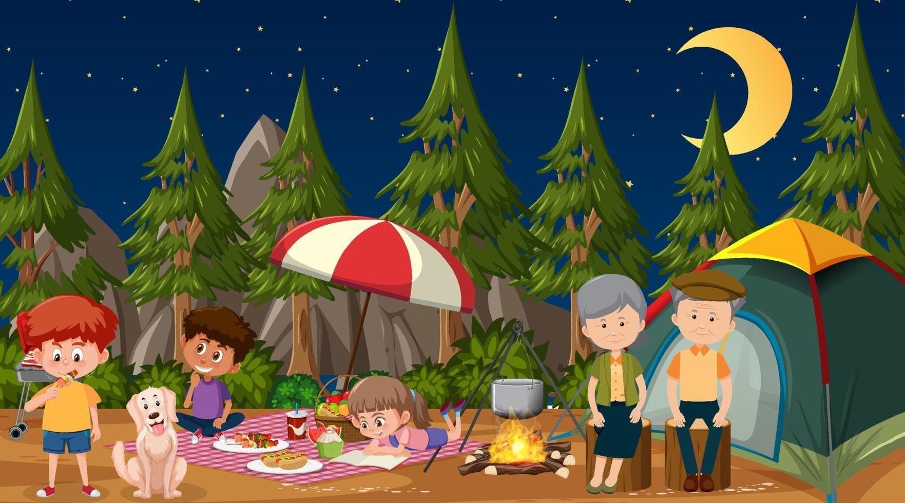 cena natural ao ar livre à noite com família feliz acampando vetor