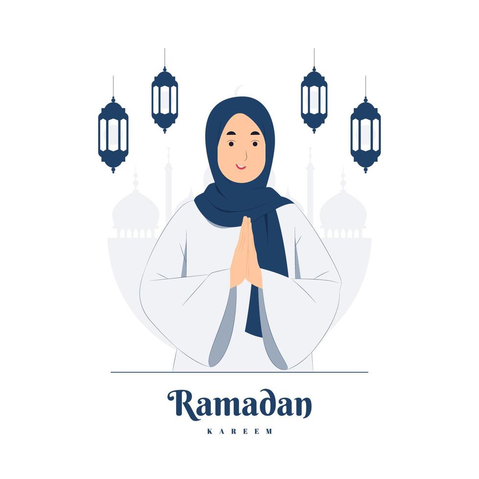 muçulmano mulher salam saudações acolhedor em Ramadã kareem conceito ilustração vetor