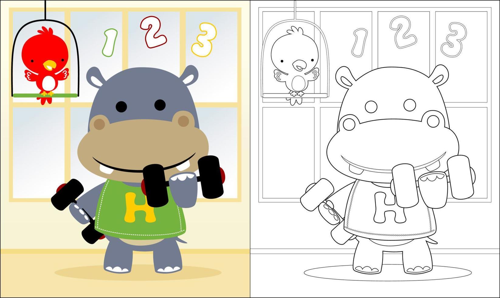 vetor do hipopótamo desenho animado elevação barra com pequeno pássaro, coloração livro ou página