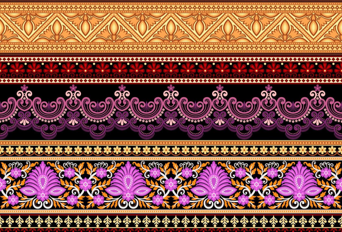 conjunto étnico desatado fronteiras e flor ornamento, motivo desenha trabalhando ilustração flores e enfeite motivo Índia Projeto elementos decote padronizar ou, repetir a floral textura vetor