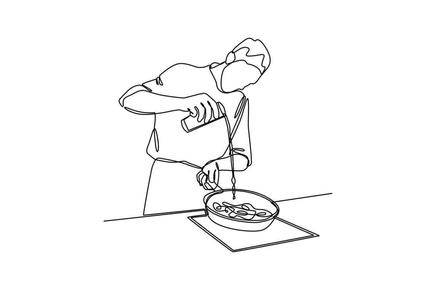 contínuo uma linha desenhando uma homem derramando água para dentro a frigideira. cozinha atividade conceito. solteiro linha desenhando Projeto gráfico vetor ilustração