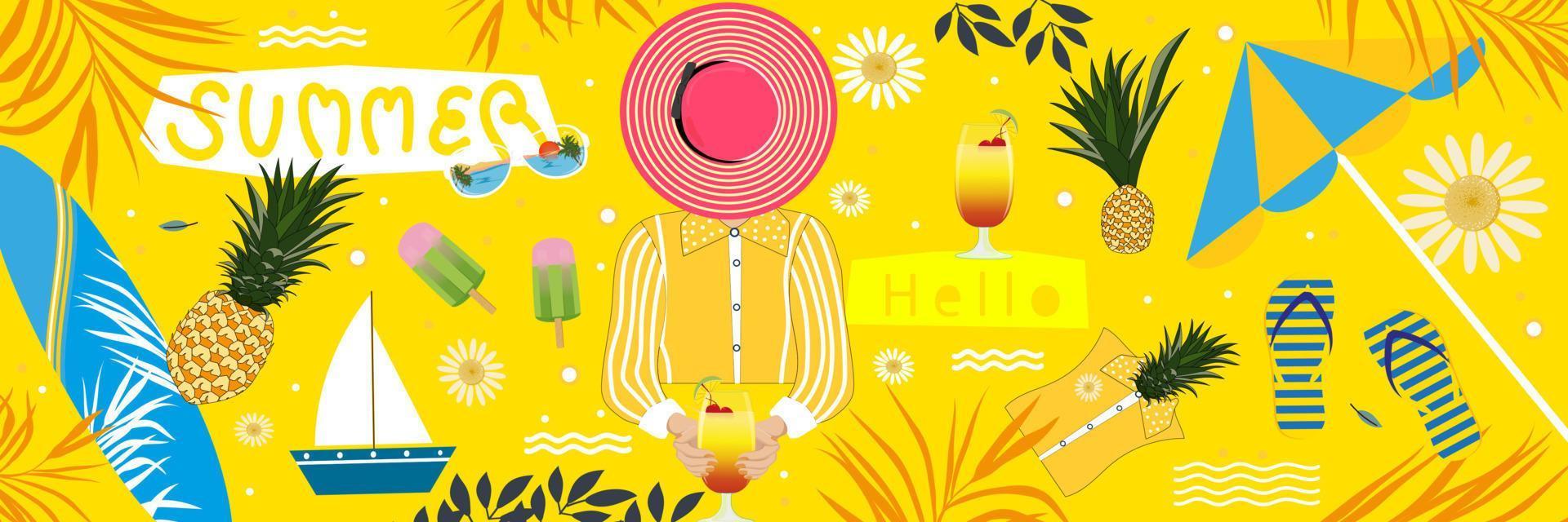 verão cena plano de fundo, vetor ilustração Diversão vibrações do uma mulher com tropical verão, rosa chapéu, abacaxi, Palma folhas, prancha de surfe, gelo creme, sandália, guarda-chuva em amarelo fundo
