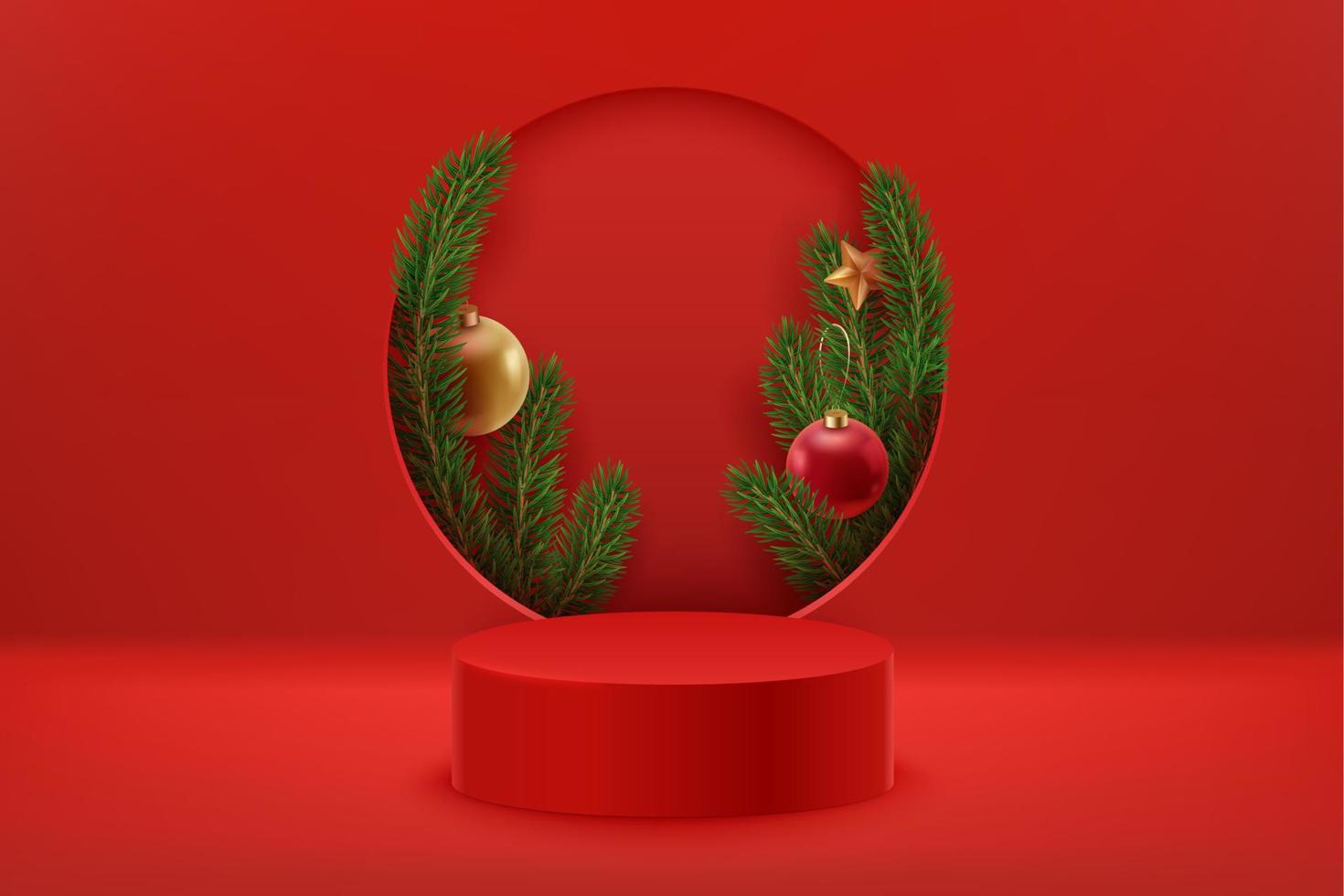 Natal vermelho pódio com abetos, Natal bolas e estrela. feriado fundo com realista etapa e buraco. Natal e Novo ano 3d cena vetor