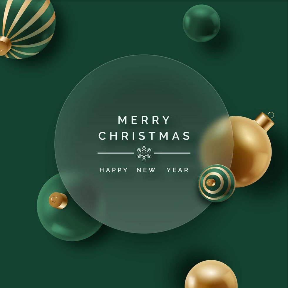 realista Natal decoração com Natal bolas em Sombrio verde fundo. Natal conceito com morfismo de vidro efeito. Novo ano cartão vetor