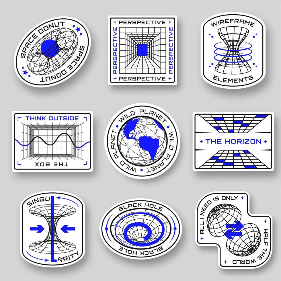 sci fi geométrico adesivos. futurista espaço formas dentro diferente formulários. Distintivos com estrutura de arame 3d figuras. perspectiva grade, futurista Projeto elementos, gráfico e Preto orifício vetor