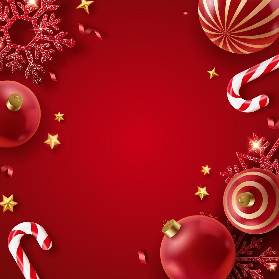 realista Natal decoração com flocos de neve, estrelas, doce bengalas e Natal árvore vermelho bola. Novo ano vetor cartão