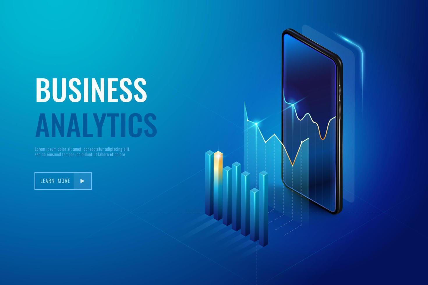 realista Móvel telefone com o negócio analytics dados e gráficos. monitoramento análise, visualização dados.infográfico com 3d vetor telefone. marketing diagramas em Smartphone