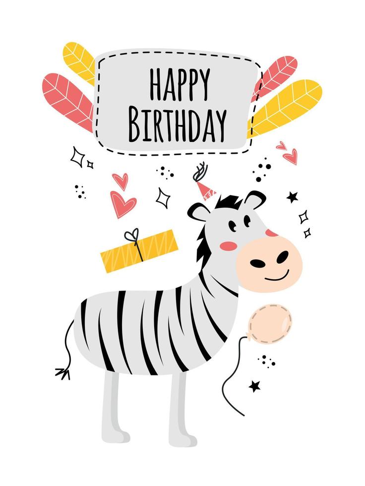 ilustração com zebra, balão, presente, feliz aniversário rotulação. feliz aniversário cumprimento cartão com zebra. vetor