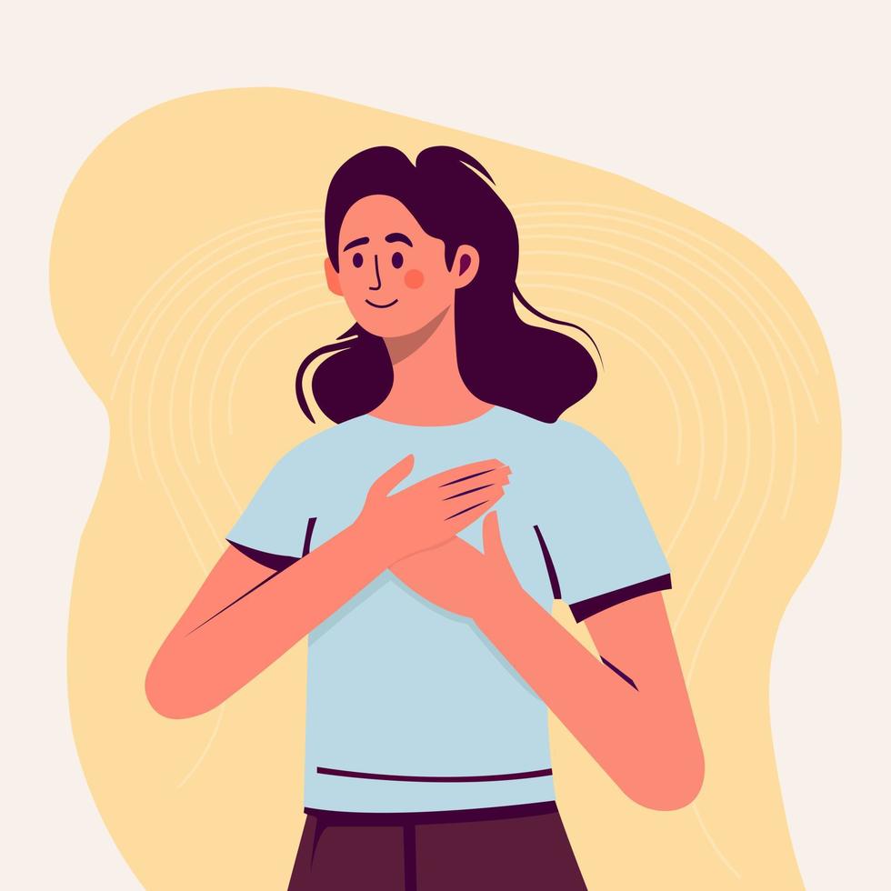 uma mulher com as mãos no peito. um gesto de gratidão. voluntário calmo feliz da menina pacífica. felicidade, bom coração, harmonia, mulher amando a si mesma, sentindo emoções positivas. ilustração vetorial vetor