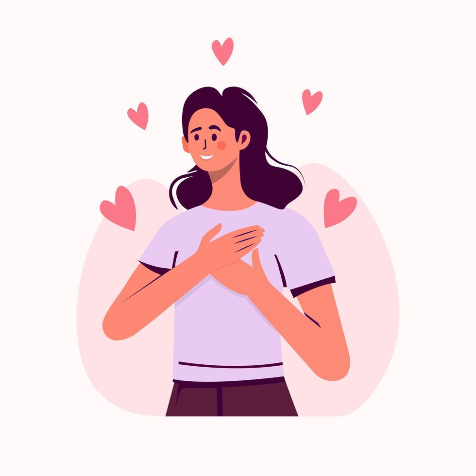 uma mulher com as mãos no peito. um gesto de gratidão. voluntário calmo feliz da menina pacífica. felicidade, bom coração, harmonia, mulher amando a si mesma, sentindo emoções positivas. ilustração vetorial vetor