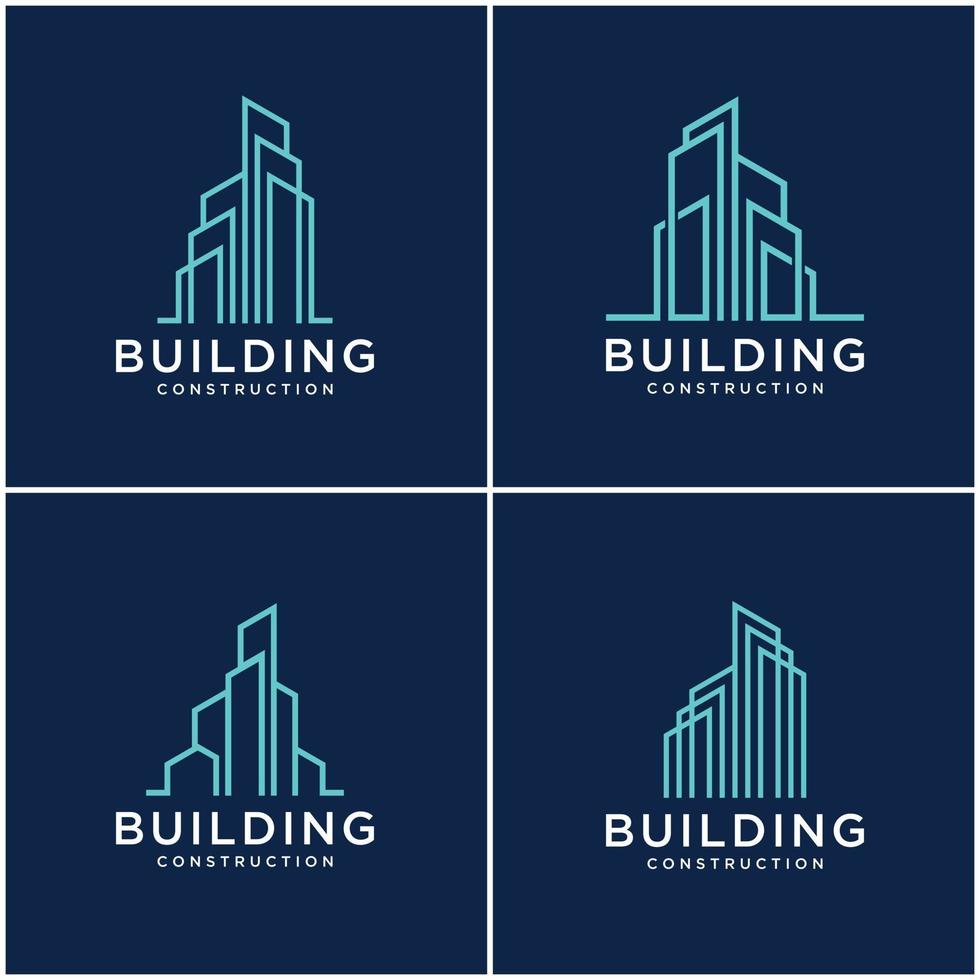 conjunto de construção de coleção construção de pacote de design de logotipo. cartões de visita premium, inspirando logotipos abstratos de construção de cidade modernos. vetor