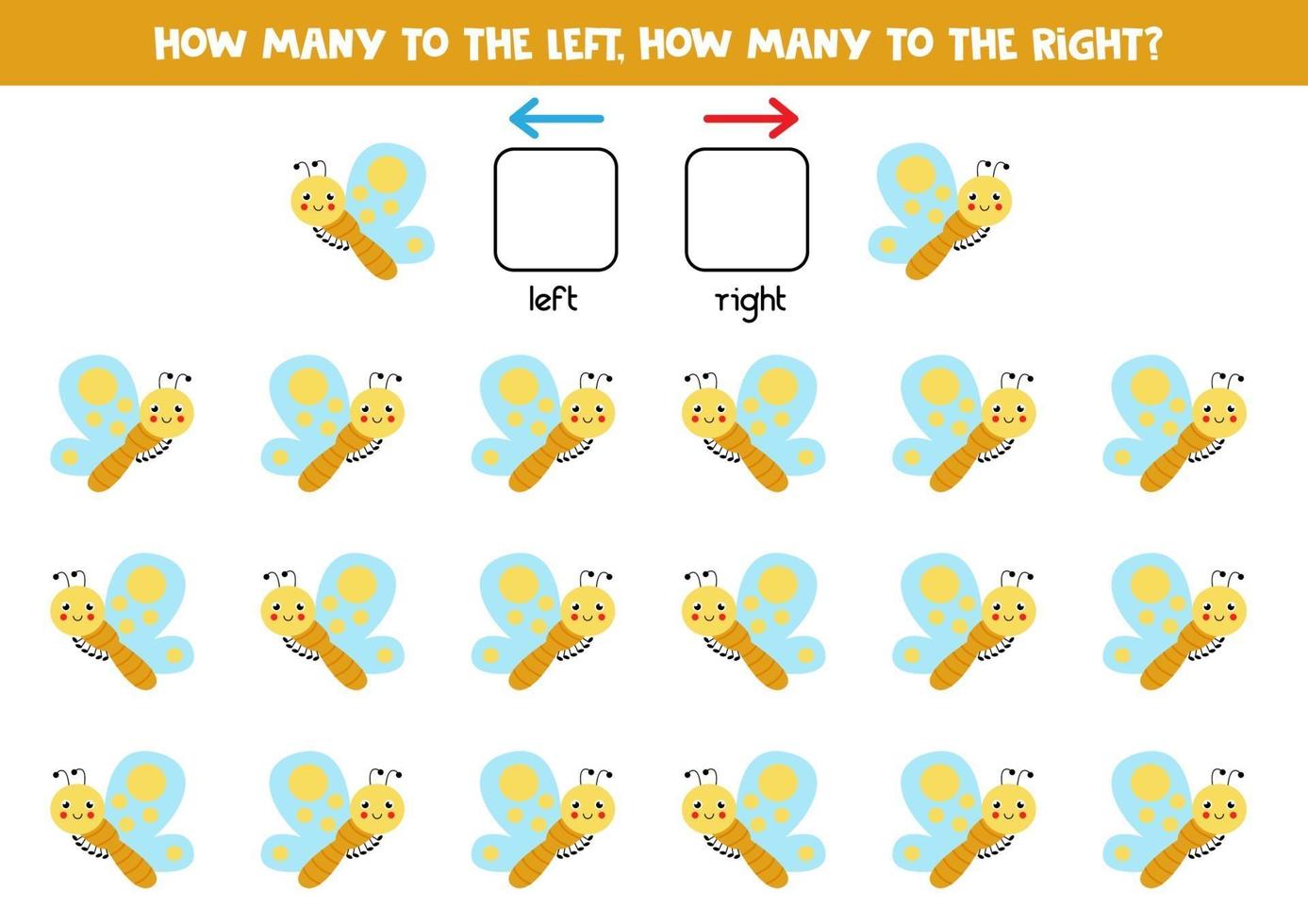 esquerda ou direita com uma linda borboleta. planilha lógica para pré-escolares. vetor