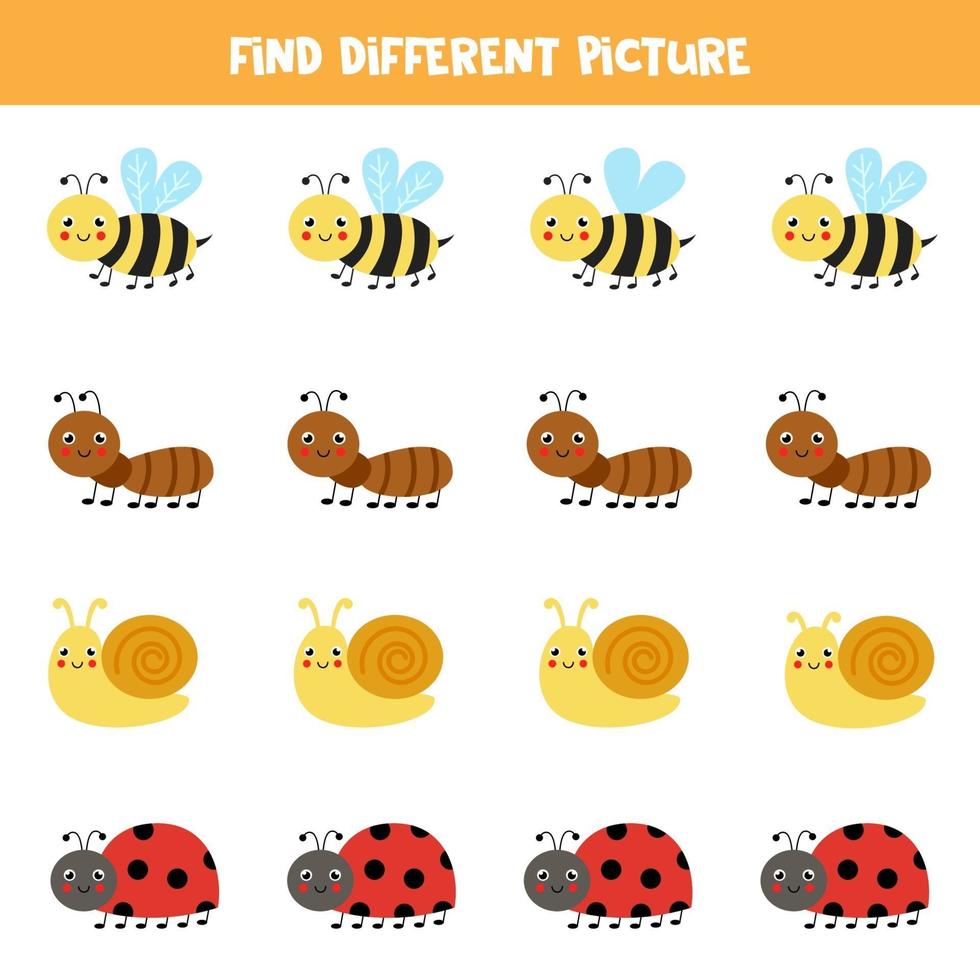 encontre um inseto fofo que seja diferente dos outros. planilha para crianças. vetor