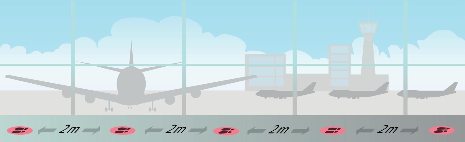 distância social e marcações de pista em um grande aeroporto vetor