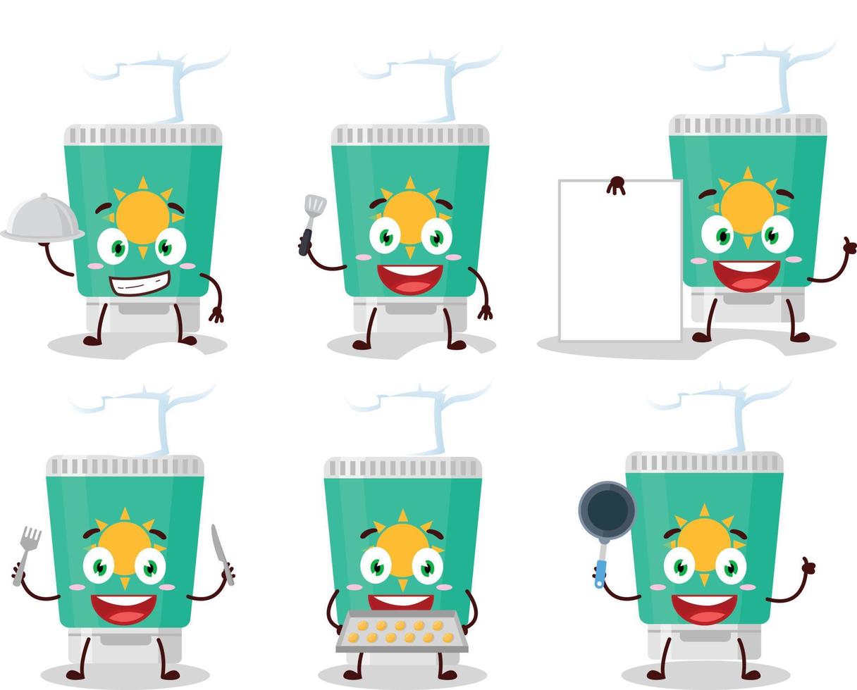 desenho animado personagem do protetor solar com vários chefe de cozinha emoticons vetor