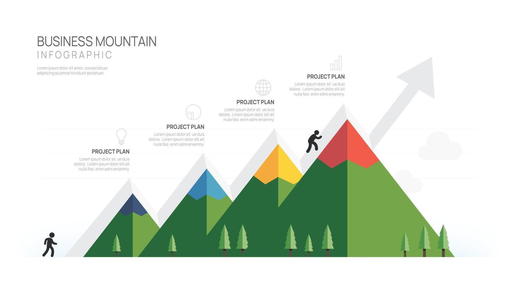 infográfico o negócio seta crescimento Projeto modelo. o negócio montanha conceito com 4 passos vetor