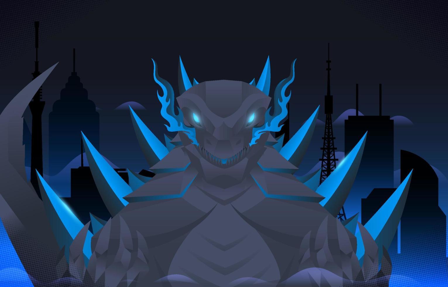 gigante monstro lagarto com azul fogo respiração fundo vetor