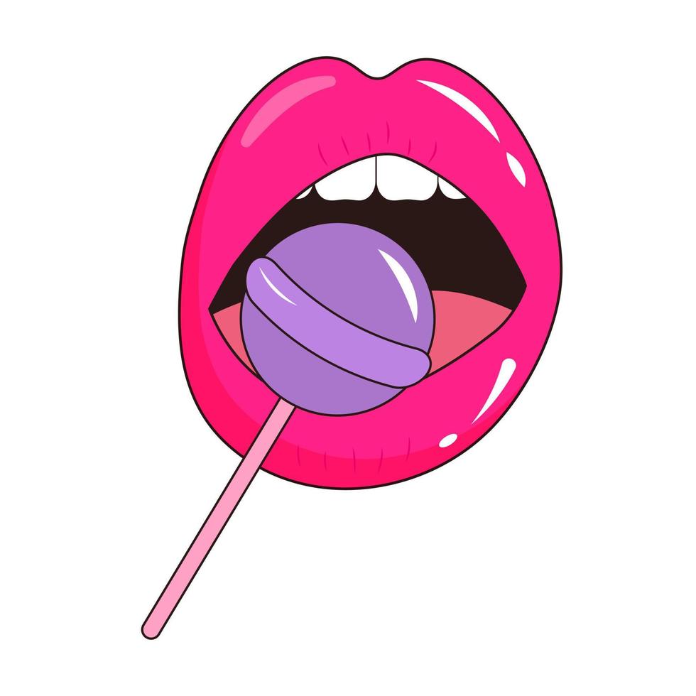 sexy lustroso meio aberto boca com pirulito dentro pop arte estilo. fêmea lábios lambendo doce pirulito. vetor