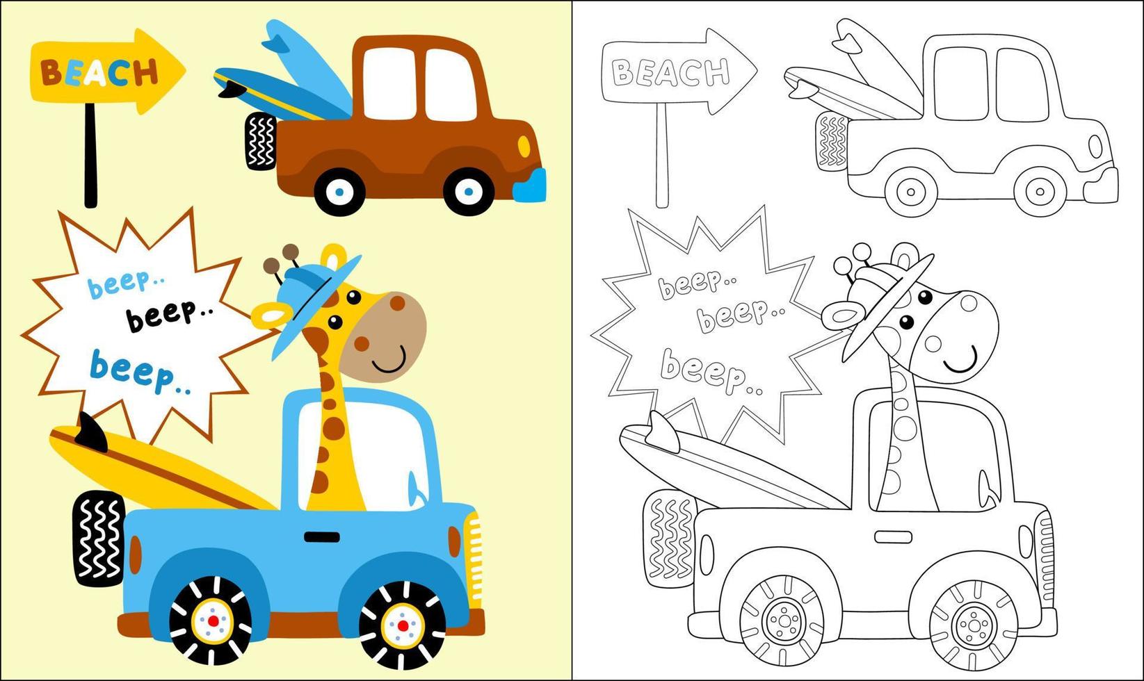 coloração livro ou página do engraçado girafa em caminhão carregando prancha de surfe vetor