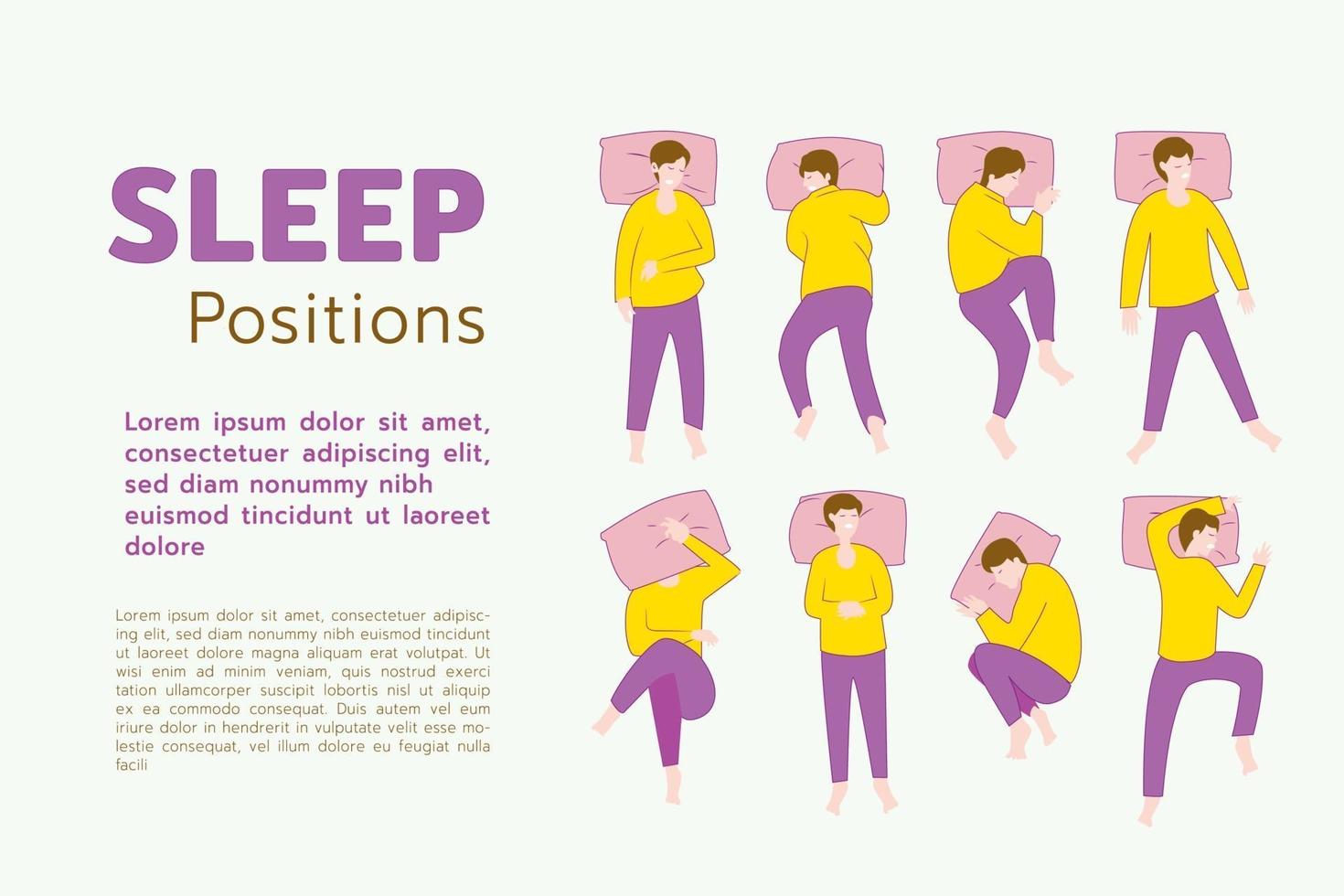 posições de sono de humanos, como posar humano pode ser na hora de dormir, ilustração vetorial plana vetor