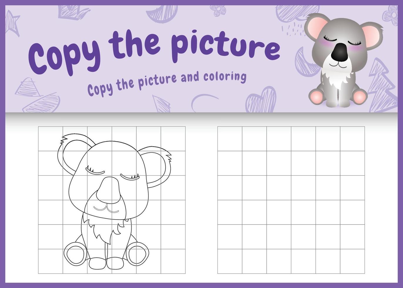 copie o jogo de crianças e a página para colorir com uma ilustração de um coala bonito vetor