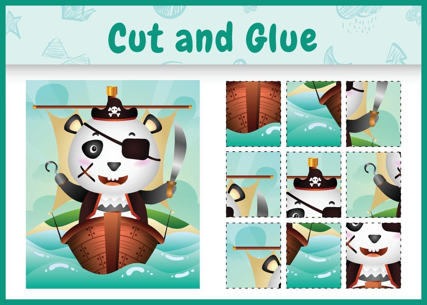 jogo de tabuleiro infantil recortar e colar temático da Páscoa com uma ilustração do personagem pirata panda fofa no navio vetor