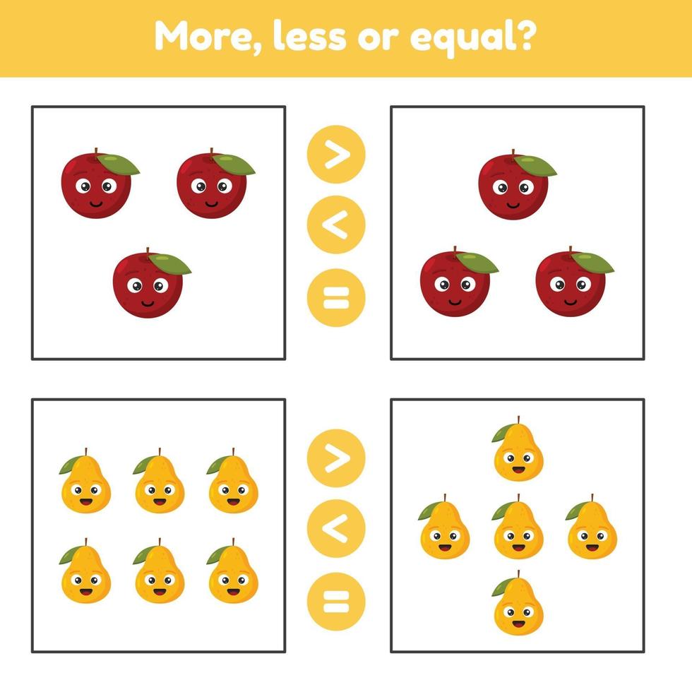 mais, menos ou igual. jogo educacional de matemática para crianças em idade pré-escolar e escolar. frutas. maçã e peras. vetor