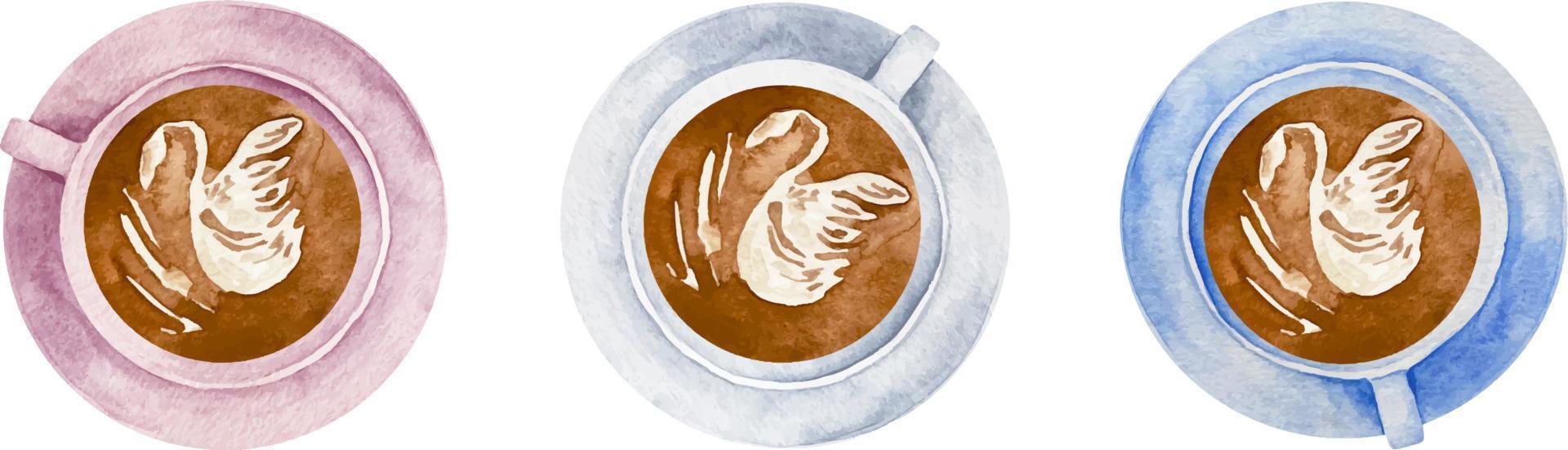aguarela branco, Rosa e azul copos do café com café com leite arte dentro uma branco copo topo Visão vetor